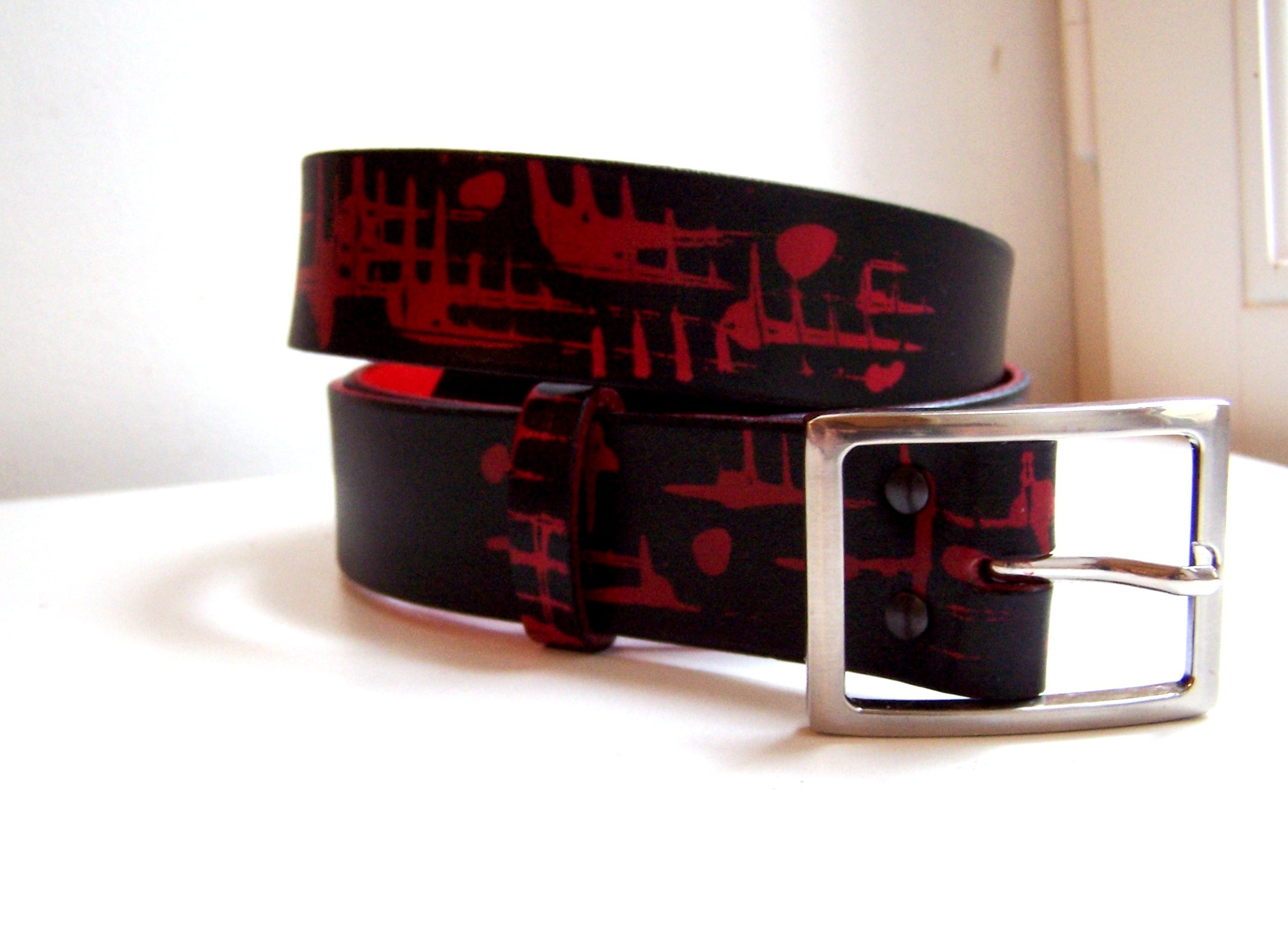 ceinture  large cuir rouge noir  